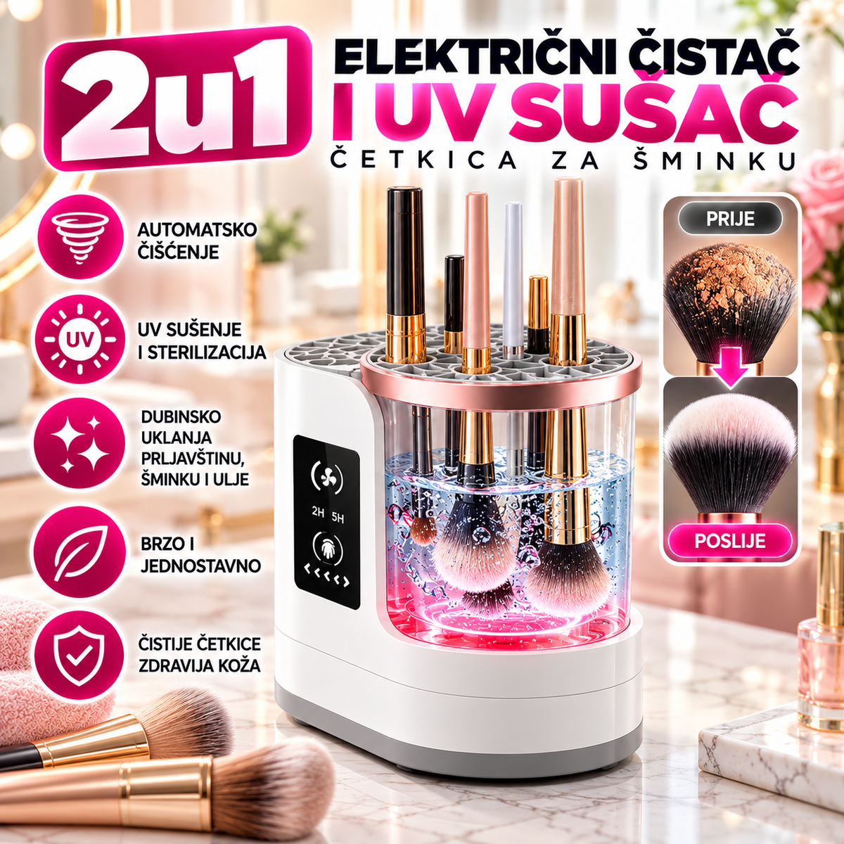 2u1 Električni Čistač i UV Sušač Četkica za Šminku