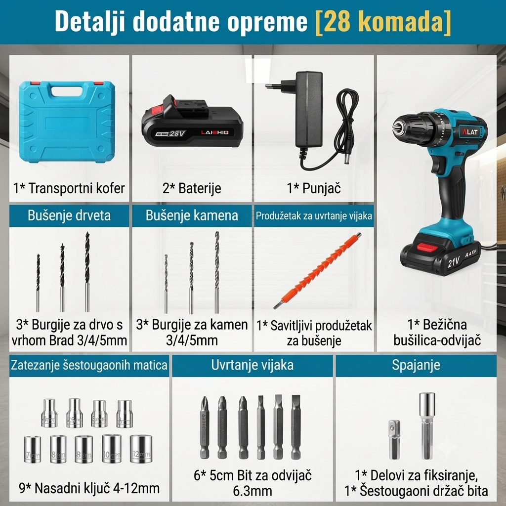 AKU Bušilica 24V – 2 Baterije + Kofer sa Dodacima