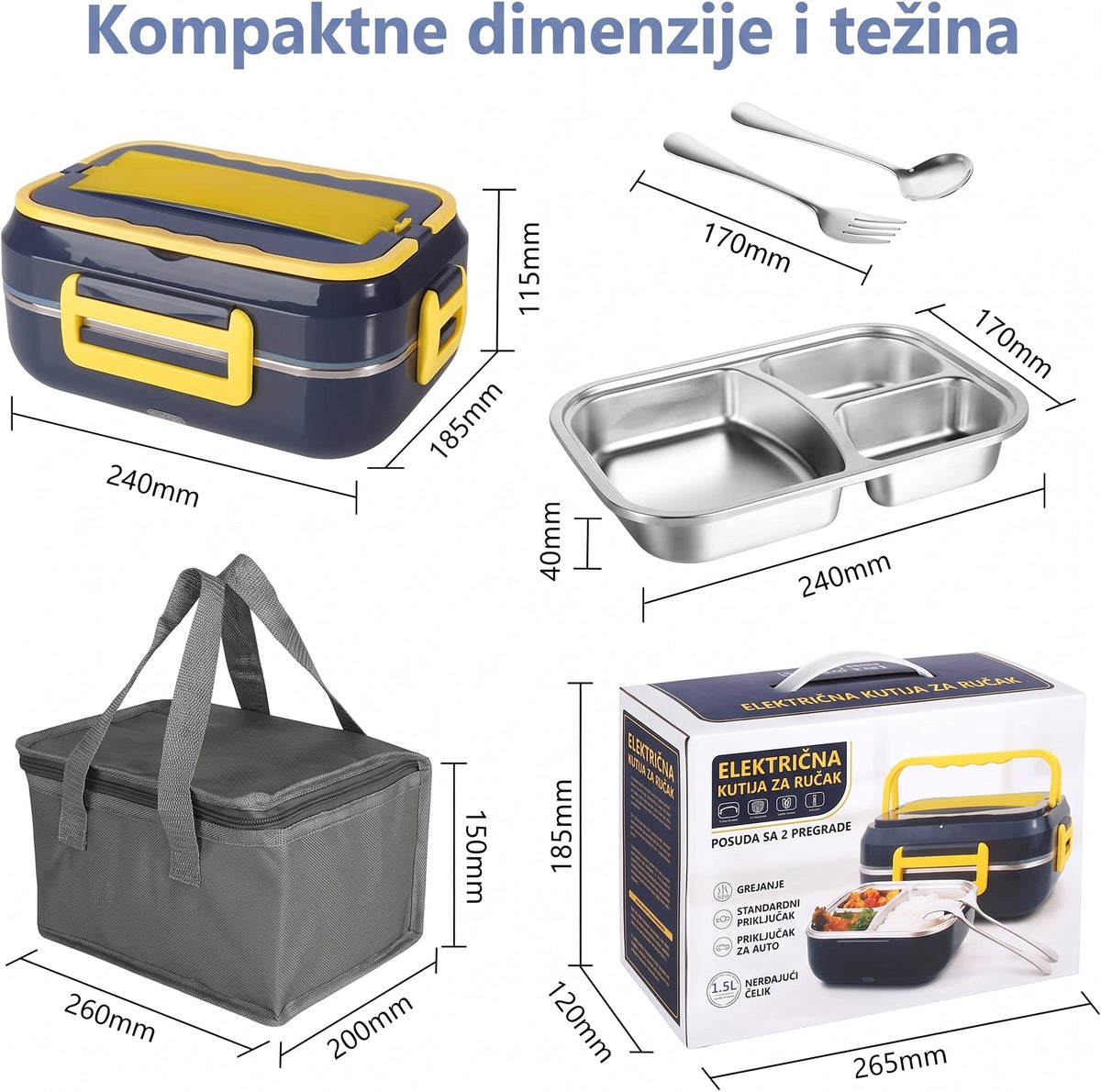 Električna Kutija za Hranu 1.5L – 3 Pregrade + Inox Posuda