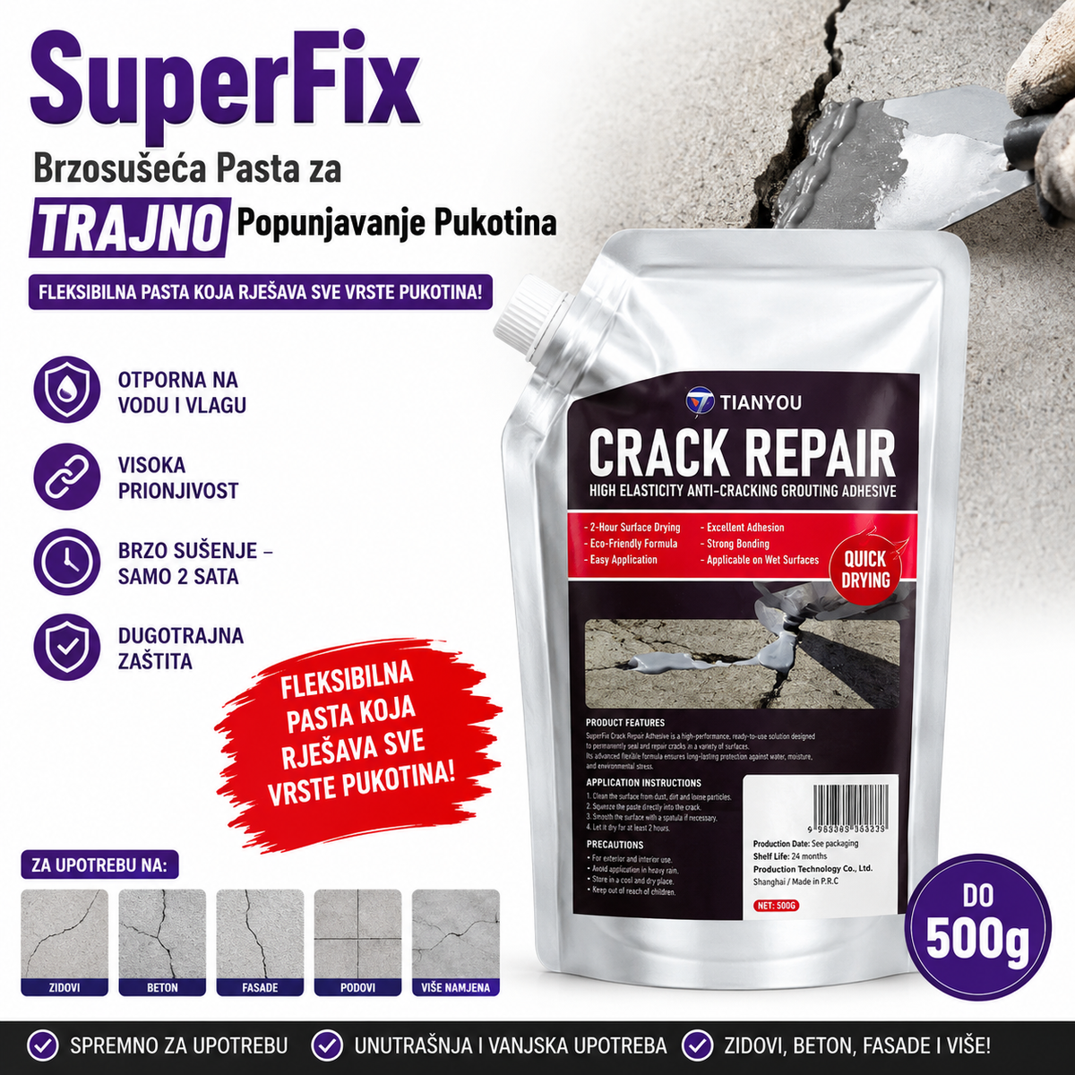 SuperFix - Brzosušeća Pasta za TRAJNO Popunjavanje Pukotina