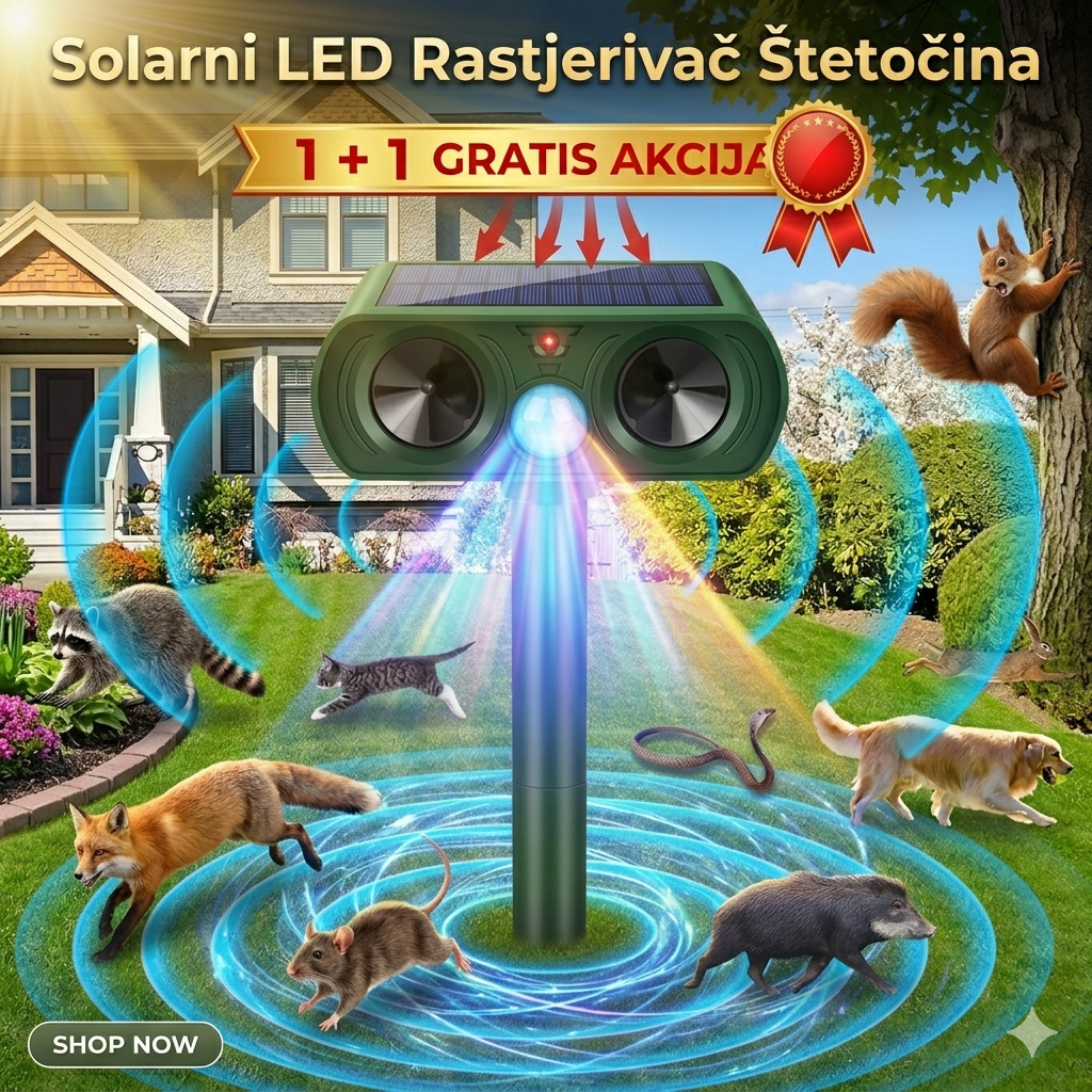 Solarni LED Rastjerivač Štetočina (1+1 GRATIS) – Inteligentni ČUVAR Vašeg Dvorišta