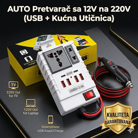 AUTO Pretvarač sa 12V na 220V (USB + Kućna Utičnica)