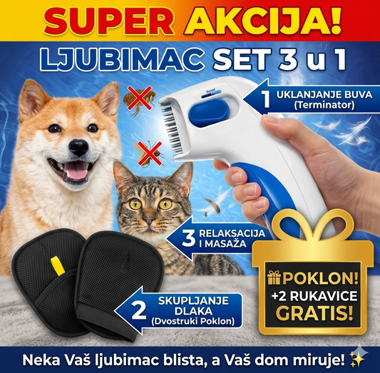 LJUBIMAC SET za Uklanjanje Buva i Dlaka - (3 u 1 + 2 GRATIS Rukavice)