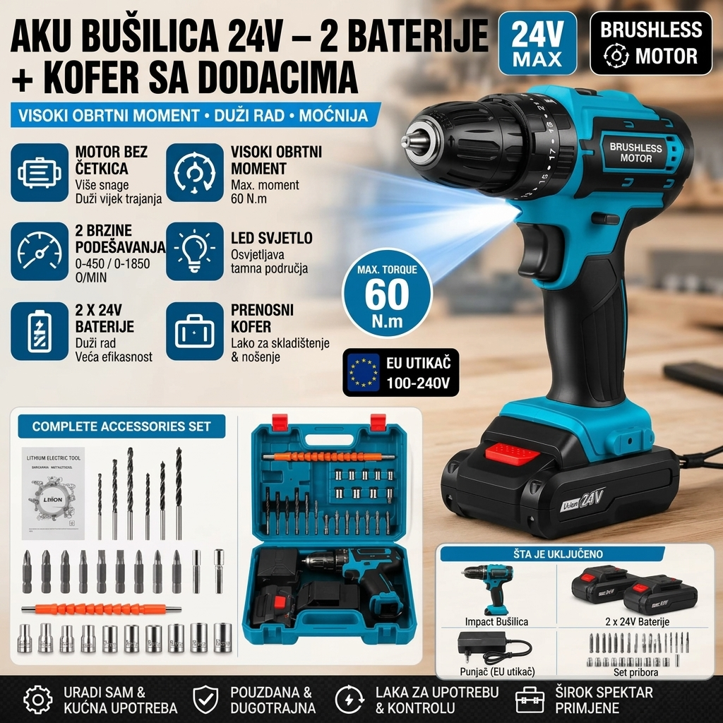 AKU Bušilica 24V – 2 Baterije + Kofer sa Dodacima