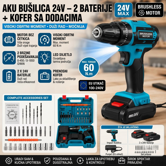 AKU Bušilica 24V – 2 Baterije + Kofer sa Dodacima