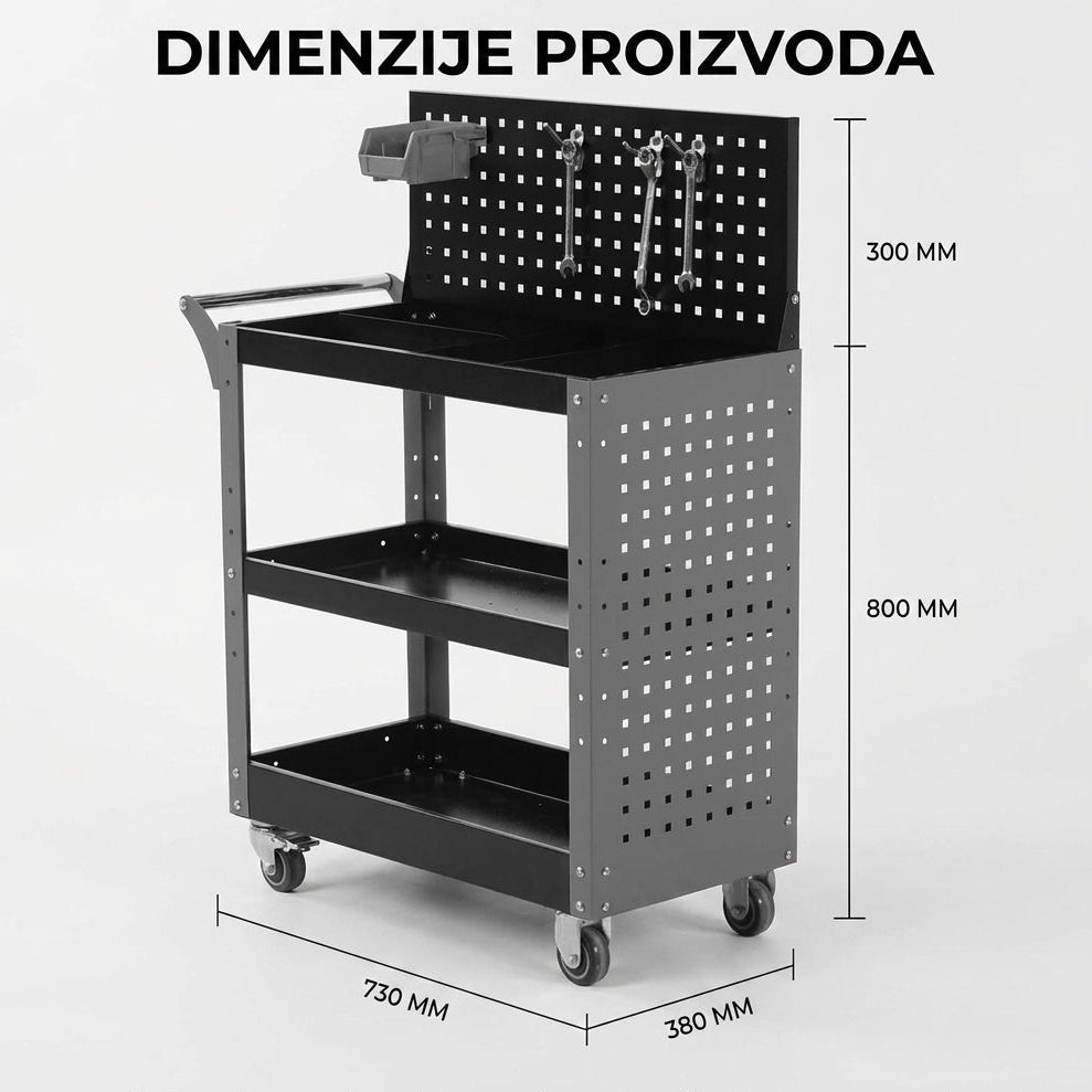Profesionalna Servisna Kolica za Alat - 3 Nivoa + Perforirana Ploča